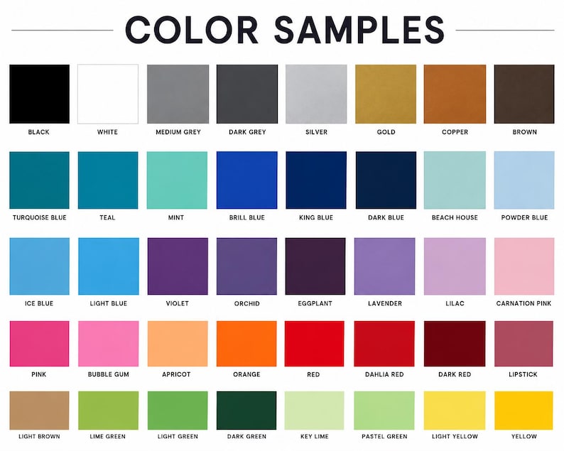 a collection of color samples, including various shades of black, white, gray, silver, gold, copper, brown, turquoise blue, teal, mint, brill blue, king blue, dark blue, beach house, powder blue, turquoise blue, teal, mint, brill blue, king blue, dark blue, beach house, powder blue, ice blue, light blue, violet, orchid, eggplant, lavender, lilies, carnation pink, dahlia red, dark red, lipstick, and pastel green.