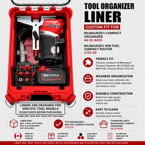 May include: A red tool organizer liner designed for the Milwaukee Compact Organizer 48-22-8435 and M18 Fuel Compact Router 2723-20. The black insert features molded compartments for the router, battery, and various bits, with text detailing compatibility.