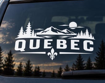 Quebec Vinyl Decal – Mountain Forest & Lake Sticker – Fleur-de-Lis Car Window Decal – Quebec Canada Pride Outdoor Sticker