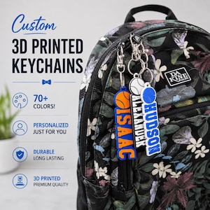 Puede incluir: Tres llaveros personalizados impresos en 3D sujetos a una mochila con estampado floral. Los llaveros presentan iconos de pelotas deportivas y los nombres ISAAC en naranja y azul, ALEXANDER en negro y blanco, y HUDSON en azul y blanco con mosquetón.