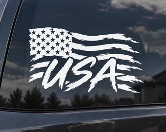 Tattered USA American Flag Vinyl Decal – Distressed Patriotic Flag Car Window Sticker – USA Pride Decal