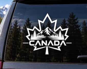Canada Vinyl Decal – Canadian Maple Leaf Mountain & Forest Sticker – Canada Pride Car Window Decal – Outdoor Adventure Sticker