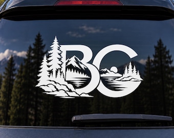 British Columbia BC Vinyl Decal – Mountain Forest & Lake Sticker – Canadian Car Window Decal – BC Outdoor Adventure Sticker
