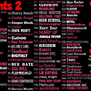 a list of various font names and styles, along with their page numbers and descriptions. The text is in red and black, and the font names are displayed in a column format. The page numbers indicate which page of the list the font is on. The descriptions provide information about the font, such as its purpose, usage, and style. The image is a collage of multiple images, and the text is not repetitive or redundant.