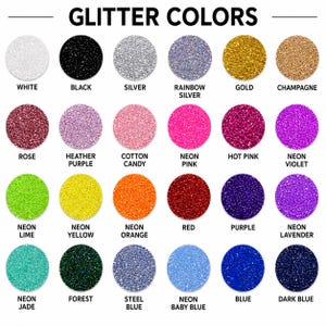 a collection of 24 glitter colors, each with a unique color name, arranged in a grid format.