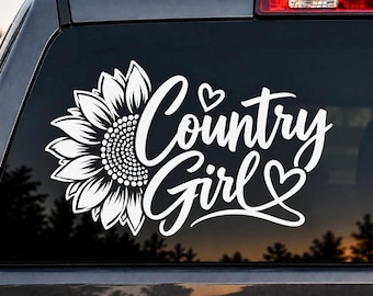 Country Girl Vinyl Decal, Sunflower Car Window Sticker, Country Western Decal for Women, Cute Farm Girl Truck Sticker, Rustic Vehicle Decal