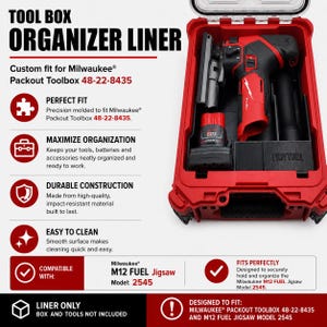 May include: A black custom-fit tool box organizer liner designed for the Milwaukee Packout Toolbox 48-22-8435. The liner is shown inside a red toolbox holding a red and black M12 Fuel jigsaw and battery. Text on the image details compatibility with the Milwaukee M12 Fuel Jigsaw model 2545, noting that the box and tools are not included.