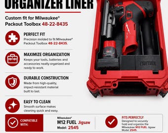 Organizer Liner for Milwaukee M12 FUEL Jigsaw 2545 & Packout Toolbox 48-22-8435 | Tool, Battery, Insert, LINER ONLY