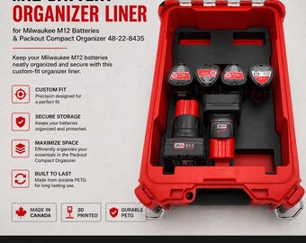 Organizer Liner for Milwaukee M12 Battery Holder, Packout Toolbox 48-22-8435 | Fits M12 1.5–3.0 & XC3.0/XC6.0 Batteries, LINER ONLY