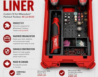 Organizer Liner for Milwaukee M12 Rotary Tool 2525-20 & 2460-20, Packout Toolbox 48-22-8435 | Tool, Battery, Insert, LINER ONLY