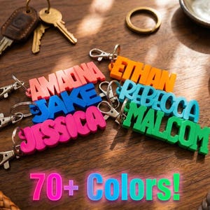 Peut inclure: Un ensemble de six porte-clés nominatifs en plastique imprimé en 3D aux couleurs vives, notamment orange, bleu, rose et vert. Chaque porte-clé présente un nom en lettres capitales, AMANDA, ETHAN, JAKE, REBECCA, JESSICA et MALCOM, avec un fermoir en métal.