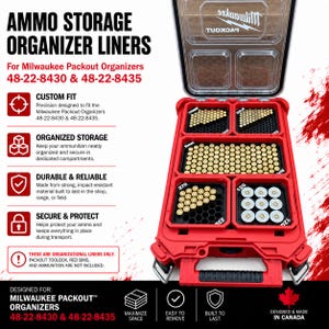 May include: Ammo storage organiser liners for Milwaukee Packout organisers 48-22-8430 and 48-22-8435. The red plastic organiser features black honeycomb-patterned inserts holding various types of ammunition, including brass casings and shotgun shells.
