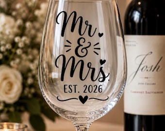 Mr. Mrs. Est. 2026 Wine Glass Decal | Wedding Wine Glass Sticker | Newlywed Gift | Die Cut Vinyl Decal for Bride & Groom
