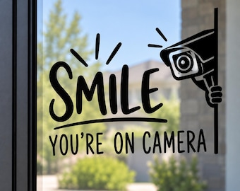 Smile You’re on Camera Vinyl Decal – Funny Security Camera Window Sticker – CCTV Surveillance Door Decal – Home Business Sign