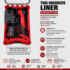 Fodera organizer per multiutensile Milwaukee M18 FUEL 2836-20 e M18 2626-20 / Packout 48-22-8435 (solo fodera per utensili, batteria e lame).