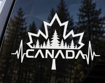 Canada Pride Vinyl Decal – Maple Leaf Forest & Heartbeat Sticker – Canadian Car Window Decal – Outdoor Canada Sticker
