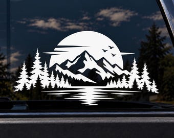 Mountain Lake Forest Vinyl Decal – Outdoor Adventure Nature Car Truck Window Sticker