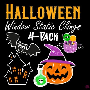 Halloween Window Static Cling Decorations LARGE Pack of 4! 10" & 16" Full Color, Window Clings, Halloween Stickers, Halloween Decals