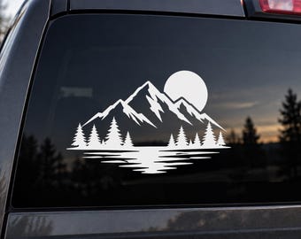 Mountain Lake & Pine Forest Vinyl Decal – Outdoor Adventure Nature Sticker for Car, Truck, SUV or Window