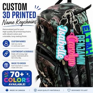 May include: Four custom 3D printed name keychains attached to a backpack. The keychains feature the names Isabelle in light blue, Carolyn in pink, Benjamin in black, and Elijah in green, each with a metal lobster clasp and ring attachment.