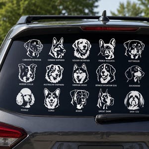 Juego de calcomanías de vinilo con siluetas de razas de perros / Pegatina para ventana de coche para amantes de las mascotas / Calcomanía de perro Labrador, Pastor Alemán, Husky y Corgi