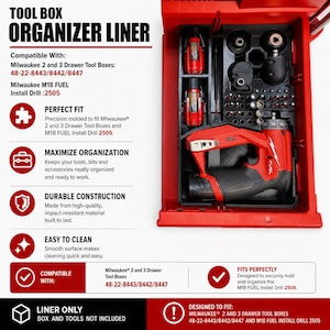 May include: A black plastic tool box organiser liner designed for Milwaukee 2 and 3 drawer tool boxes 48-22-8443/8442/8447 and M18 FUEL install drill 2505. The liner features moulded compartments holding a red drill, batteries, and various drill bits.