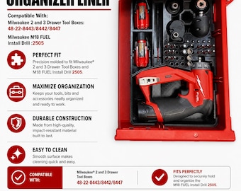 Organizer Liner for Milwaukee M12 FUEL Installation Drill/Driver 2505 | Packout Drawer Toolbox 48-22-8443/8442/8447, LINER ONLY