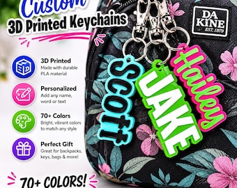 Custom 3D Printed Name Keychain | Personalized Backpack Tag | Custom Text Key Ring | School Bag Charm | Gift for Kids
