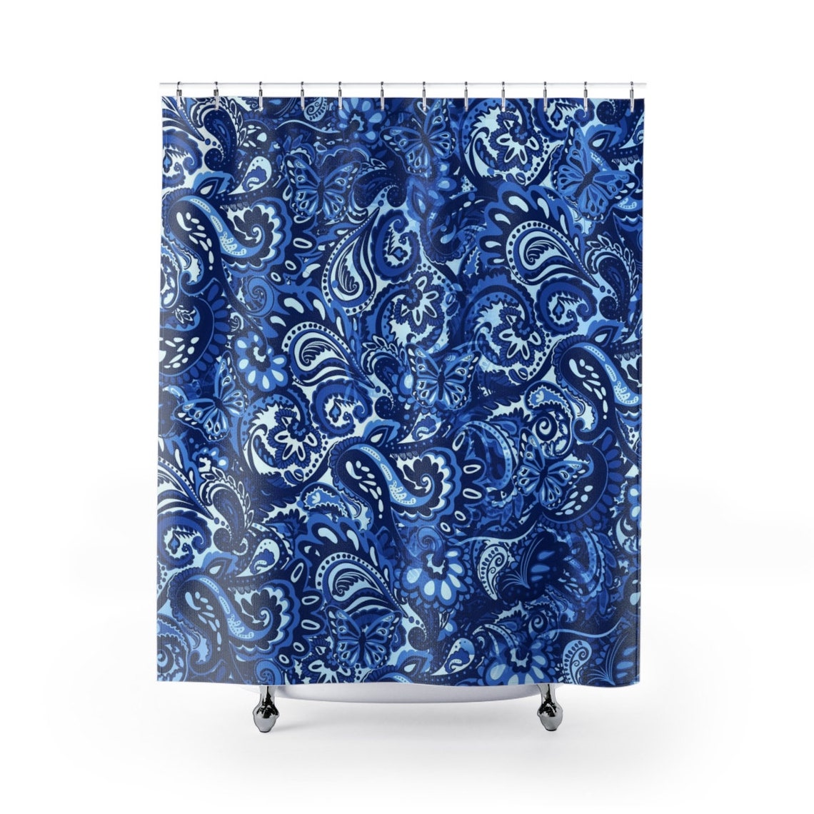 Navy Blue Shower Curtain Paisley Butterfly Fabric Shower Etsy