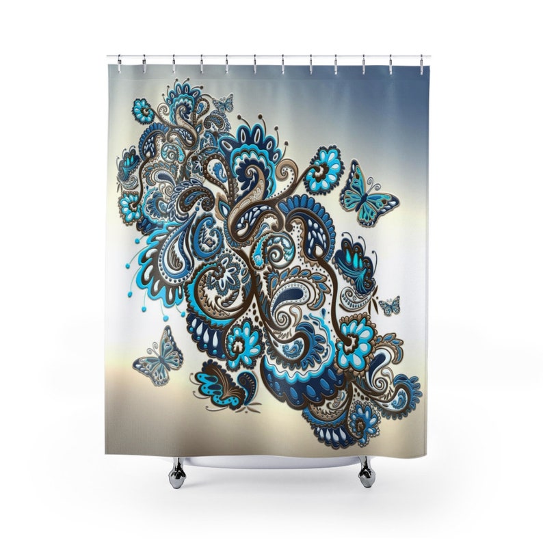 Brown Turquoise Shower Curtain Paisley Butterfly Fabric Shower Etsy