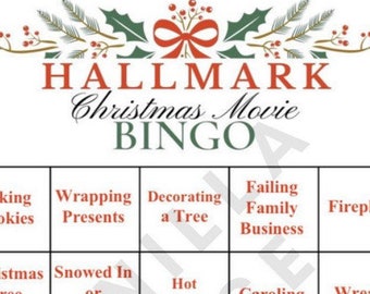 Może przedstawiać: Drukowana karta do gry w bingo z świątecznym motywem. Karta zawiera tytuł "Hallmark Christmas Movie Bingo" i zawiera pola z frazami takimi jak "Pakowanie prezentów", "Ubieranie choinki" i "Upadek rodzinnego biznesu".