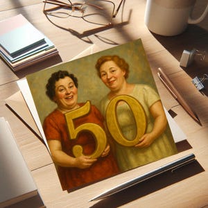 Peut inclure: Carte de vœux avec une peinture vintage de deux femmes tenant les chiffres 5 et 0, formant le chiffre 50. Les femmes sourient. La carte est sur une surface en bois avec de la papeterie et une tasse à café.