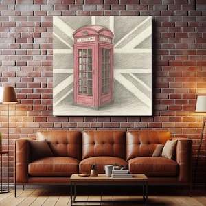 Póster vintage de cabina telefónica roja de Inglaterra, Reino Unido, dibujo a lápiz: impresión artística de la Union Jack británica (formato cuadrado)