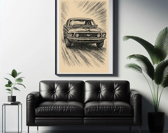 Vintage Muscle in Motion – 1970s Ink Style Classic Car Poster Instant Digital Download