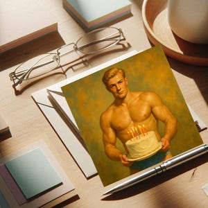 Peut inclure: Une carte de vœux d'anniversaire représentant un homme musclé tenant un gâteau avec des bougies allumées. La carte est sur une surface en bois avec un stylo, des lunettes et des blocs-notes.