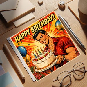 Peut inclure: Carte d'anniversaire de style bande dessinée rétro. La carte présente un homme souriant tenant un gâteau avec des bougies allumées. Les mots "HAPPY BIRTHDAY!" sont en lettres jaunes en gras. Ballons et confettis en arrière-plan.