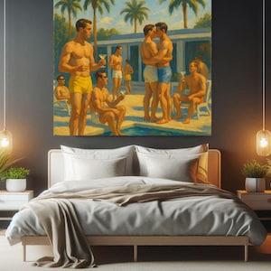 May include: A large canvas print showing a group of men in swim shorts by a pool. The artwork has a retro style with a sunny, tropical setting. The men are socialising, some holding drinks.