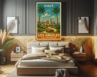 Vintage Los Angeles Travel Poster 1950s Retro California Wall Art Palm Trees & Classic Convertible