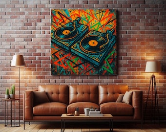 Puede incluir: Una pintura abstracta colorida de dos tocadiscos con discos de vinilo. El fondo es una mezcla de naranja, amarillo, verde y azul.