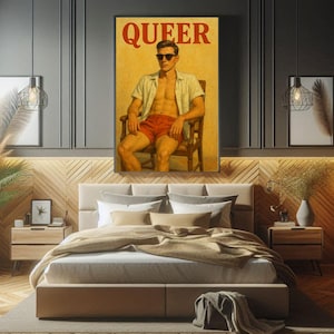 May include: A poster with the word "QUEER" in red letters on a yellow background. A man wearing sunglasses and red swim trunks sits on a wooden chair.