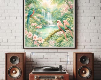Tropical Watercolor Paradise Poster with Exotic Birds, Lush Green Jungle and Pink Accents, Square Wall Art Print