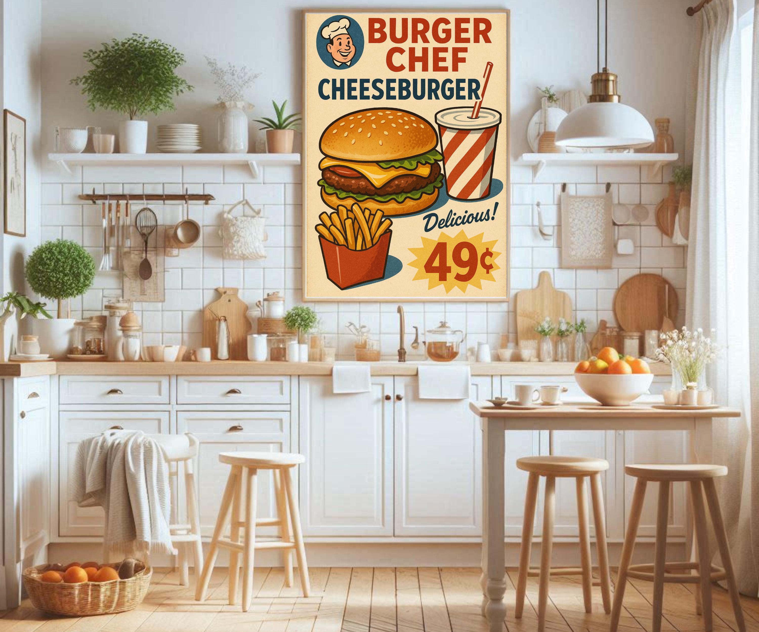 Vintage 1950s Burger Ad Poster - Retro Cheeseburger Fries & Soda