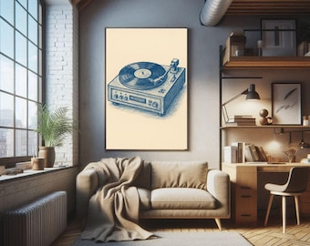 Puede incluir: Una ilustración vintage de un tocadiscos con un esquema de color azul y blanco. El tocadiscos está sobre un fondo crema.
