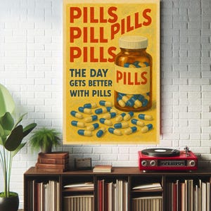 Arte mural de farmacia vintage, póster retro de pastillas de los años 50, impresión divertida de anuncio de medicamentos, decoración de farmacia de mediados de siglo