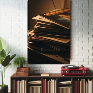 Puede incluir: Una pila de discos de vinilo con portadas de álbumes, descansando sobre un tocadiscos. Un tocadiscos rojo vintage está sobre una estantería de madera, con una planta y libros en primer plano. La imagen tiene una estética cálida y vintage.