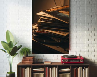 Póster fotográfico vintage de discos de vinilo, arte de pared retro para amantes de la música, impresión de tocadiscos con estética cálida, decoración de música analógica (24 x 36)