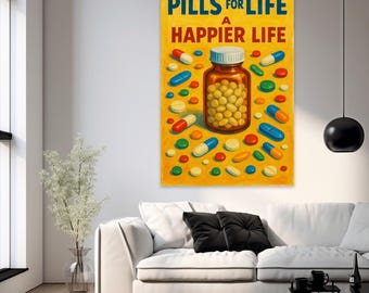 Póster de pastillas inspirado en los años 50: "Pastillas para la vida, una vida más feliz" (Píldoras para la vida, una vida más feliz) Póster de arte mural retro