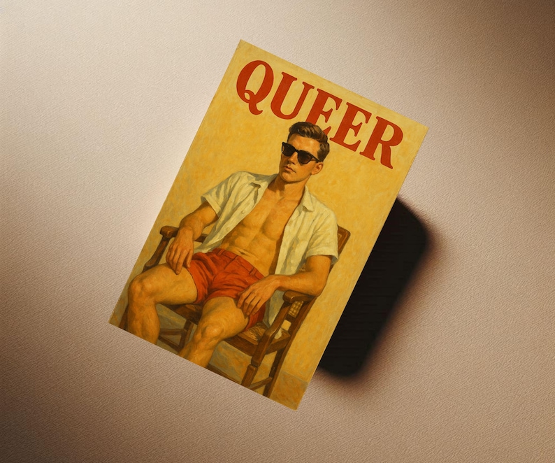 May include: A magazine cover with the word "QUEER" in red letters. The cover features a person wearing sunglasses, a white shirt, and red shorts, seated in a wooden chair. The background is a light yellow color.