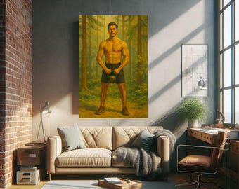 Vintage Gay Fitness Art Print Poster, 1950s Style Oil Painting Of Shirtless Man Working Out In Nature