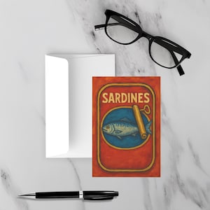 Vintage Sardine Can Postcard — Acrylic Style Kitchen Wall Art, Retro Fish Tin Print, Colorful Food Decor